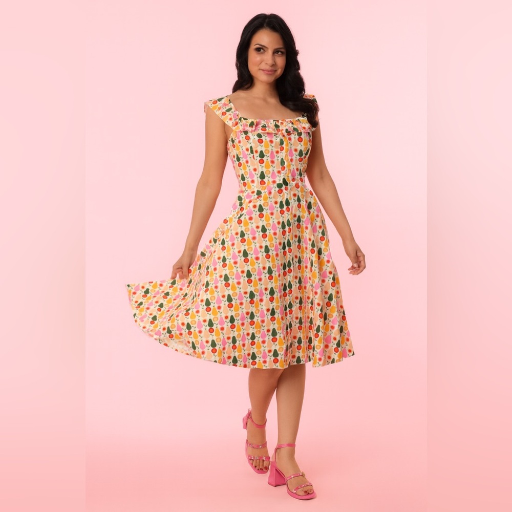 Unique Vintage Magnolia Place Multicolored Pear Print Barbara Swing Dress, NWT! - Picture 9 of 16